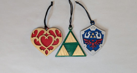 Zelda Christmas Tree Wood Ornaments: Heart Container, Hyrule Shield, Triforce